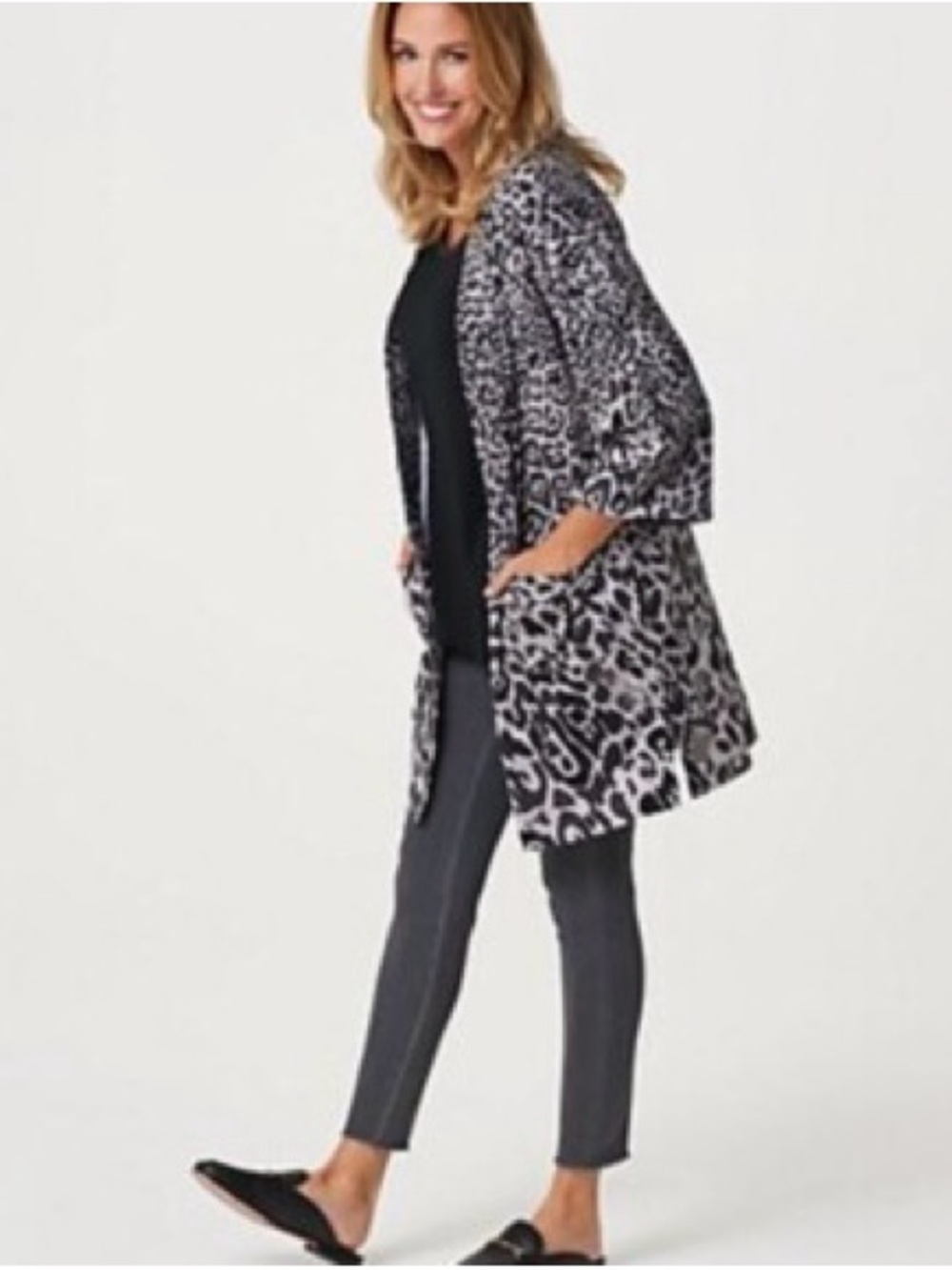 Isaac Mizrahi grey and Black Animal Print Open-Front Cardigan Sweater.